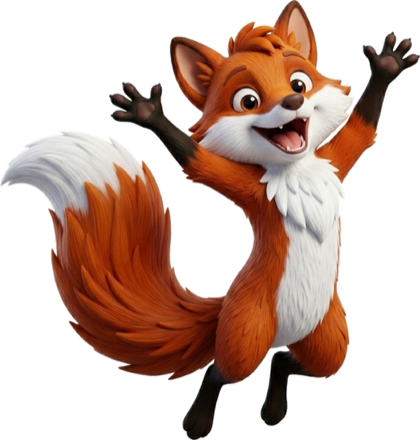 Remi, the Cueword fox, celebrating