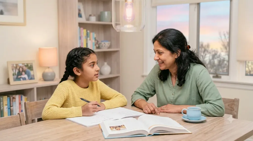 A parent and child sitting together at a table in the evening with an open book and a notebook, doing a short English practice routine at home