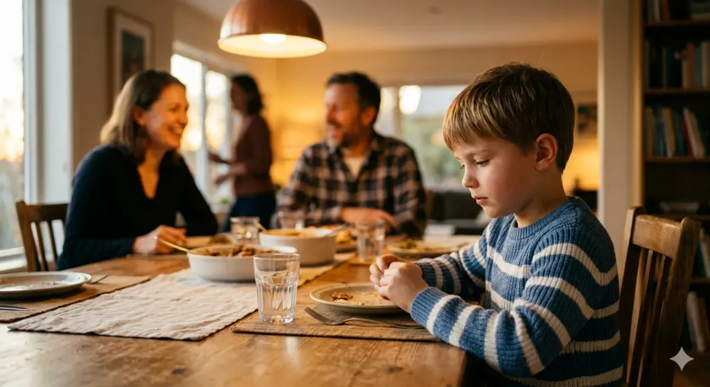 A thoughtful young boy in a blue and white striped sweater sits at a wooden dining table, looking down reflectively as if choosing his words. In the softly blurred background, his family cha