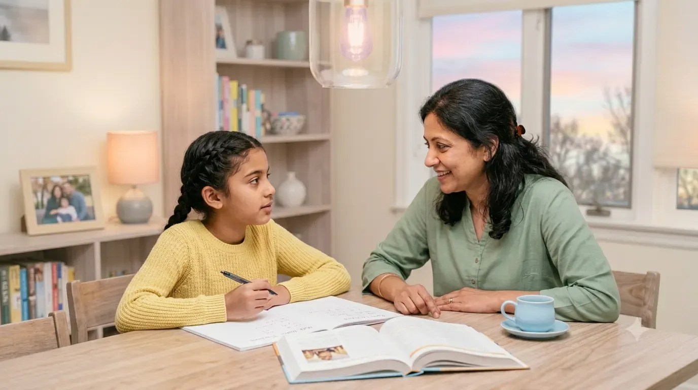 A parent and child sitting together at a table in the evening with an open book and a notebook, doing a short English practice routine at home