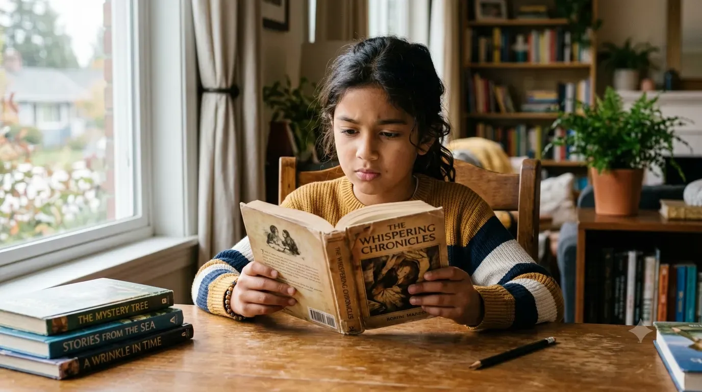 A child reading a book at a desk with a thoughtful, slightly puzzled expression, representing the gap between reading fluency and reading comprehension