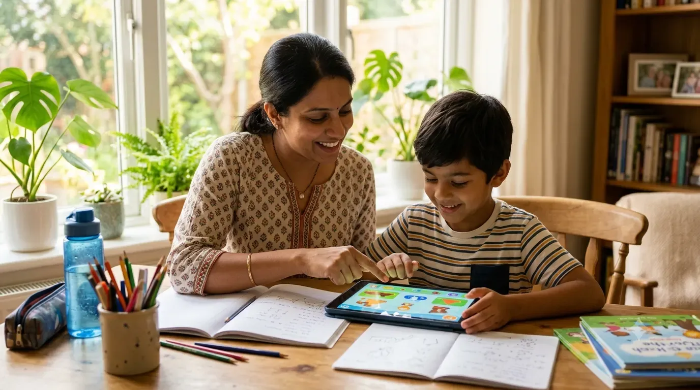 A mother helping her primary school-age child use an English learning app on a tablet at a bright home study desk, with notebooks and pencils nearby