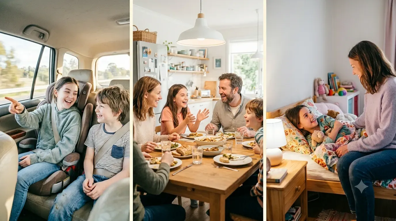 Three everyday family moments side by side — children playing a word game in a car back seat, a family talking animatedly at a dinner table, and a parent reading with a child at bedtime — re