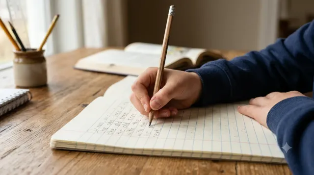 A close-up of a child's hand writing in a lined notebook with a pencil at a home desk, representing diagnostic writing prompts that reveal skill gaps