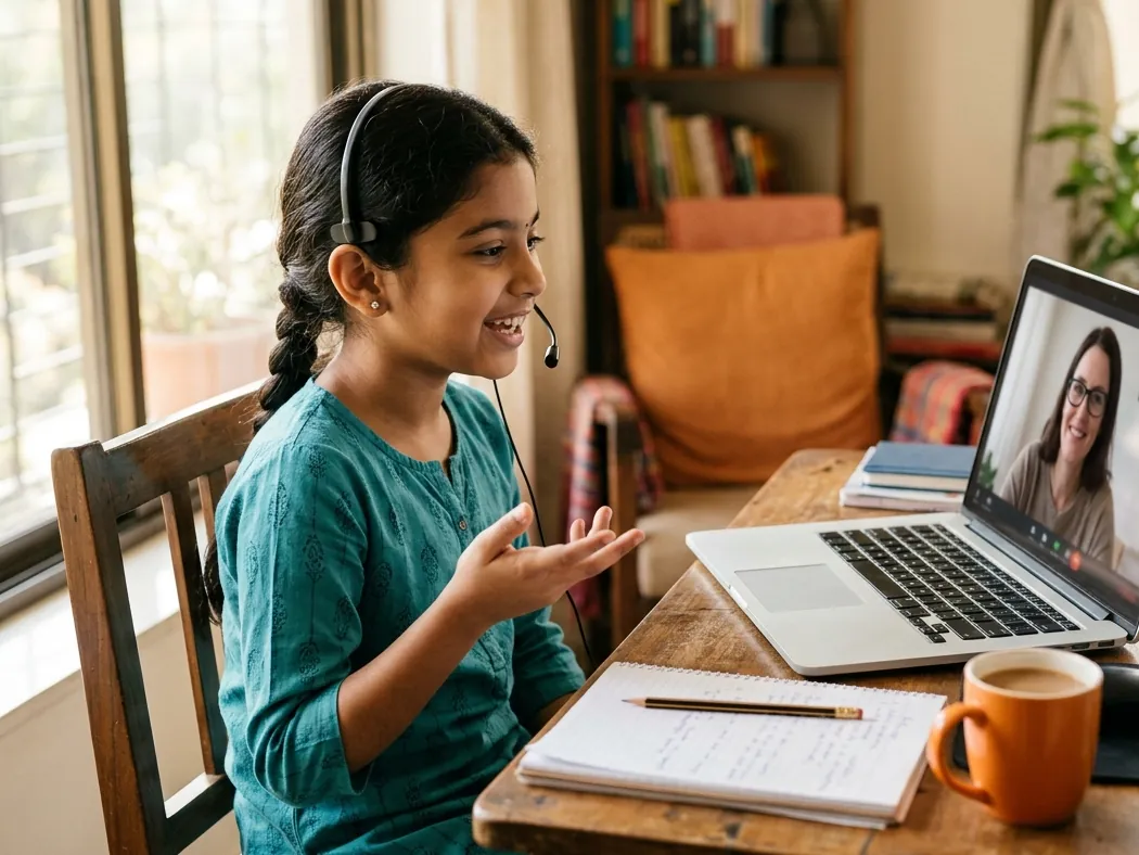 A girl talking with her coach in a live 1:1 online English class