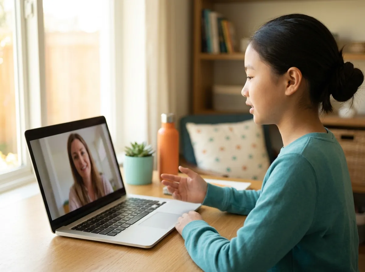 A middle-school girl making a point to her coach in a live 1:1 online English class