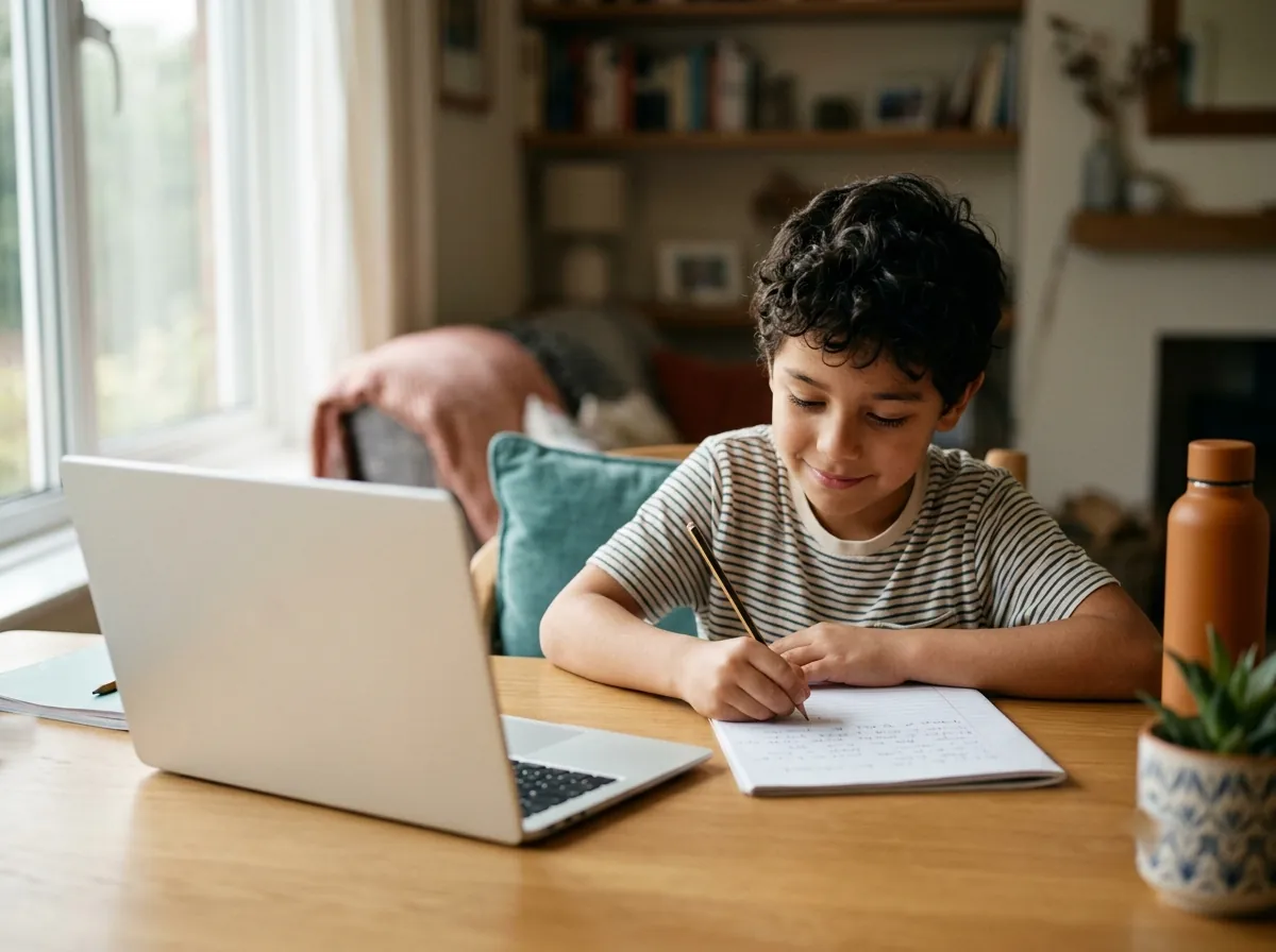 A boy writing in his notebook during a live online English class