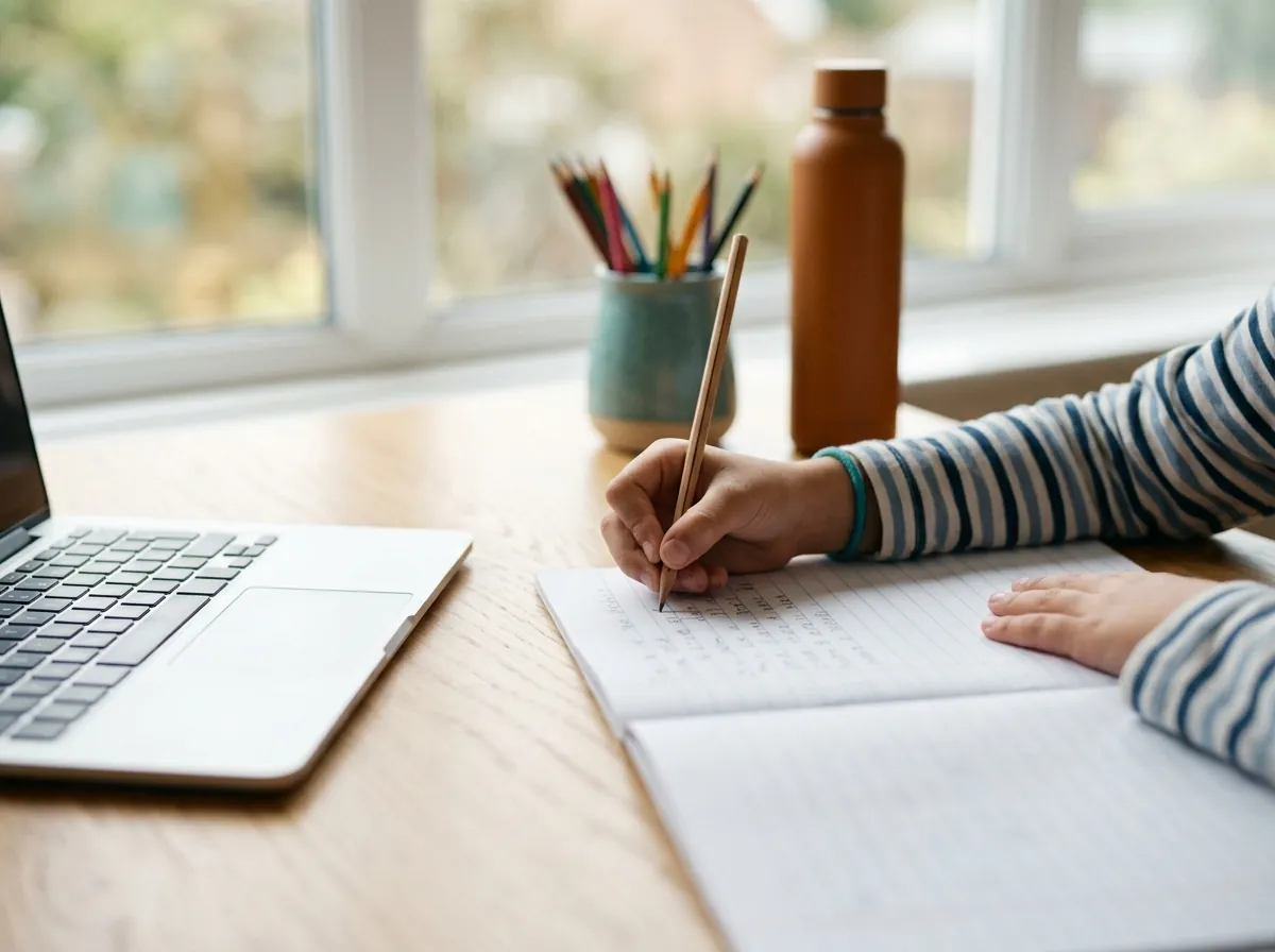 A child's hand writing in a lined notebook beside a laptop