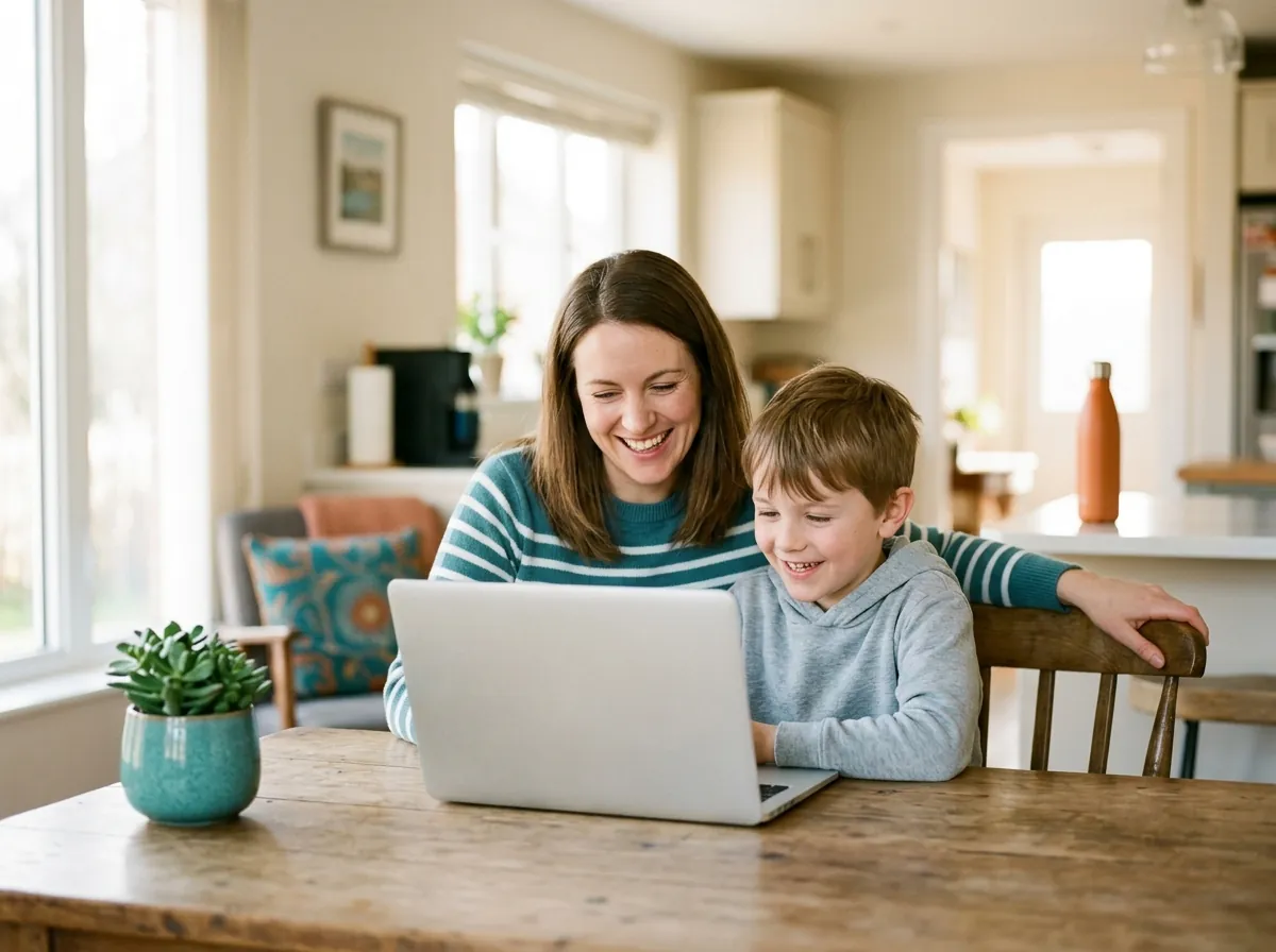 A parent and child smiling at a laptop together