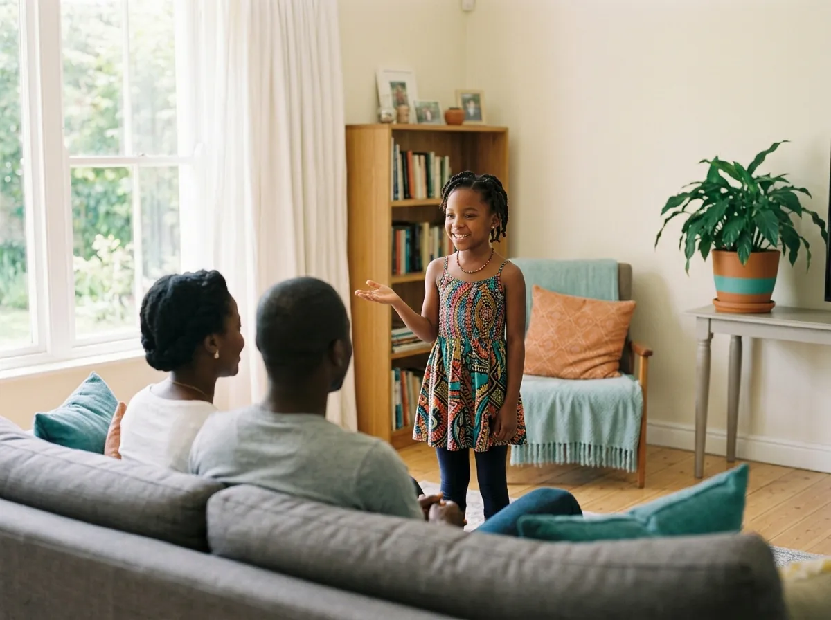 A girl confidently telling a story to her parents at home