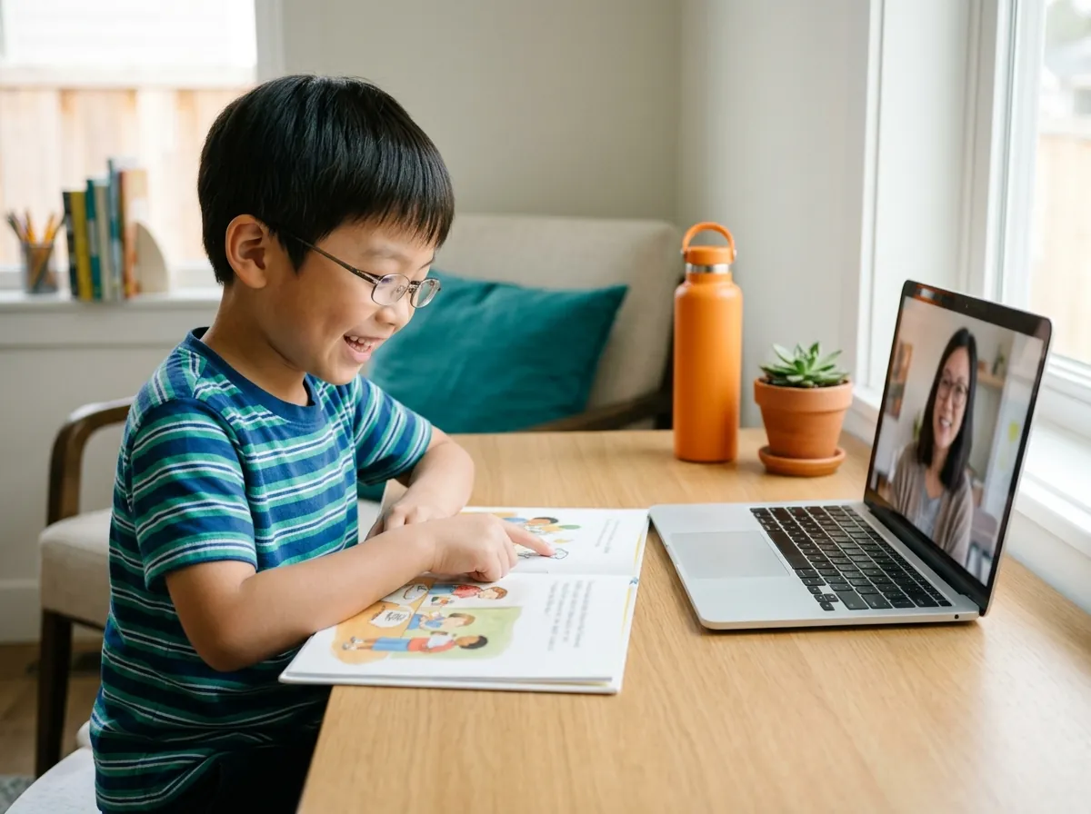 A 2nd grader reading a picture book aloud to his coach in a live online class