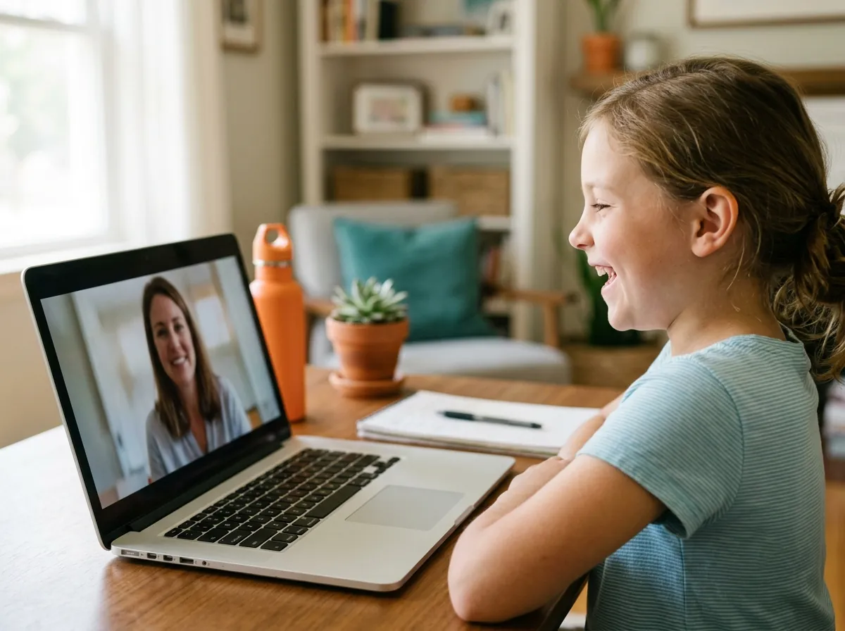 An elementary student laughing while talking with her coach in a live online class