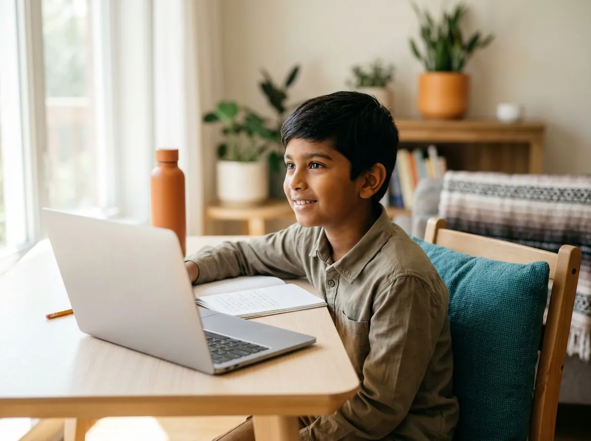 A 4th grader smiling during a live online English class