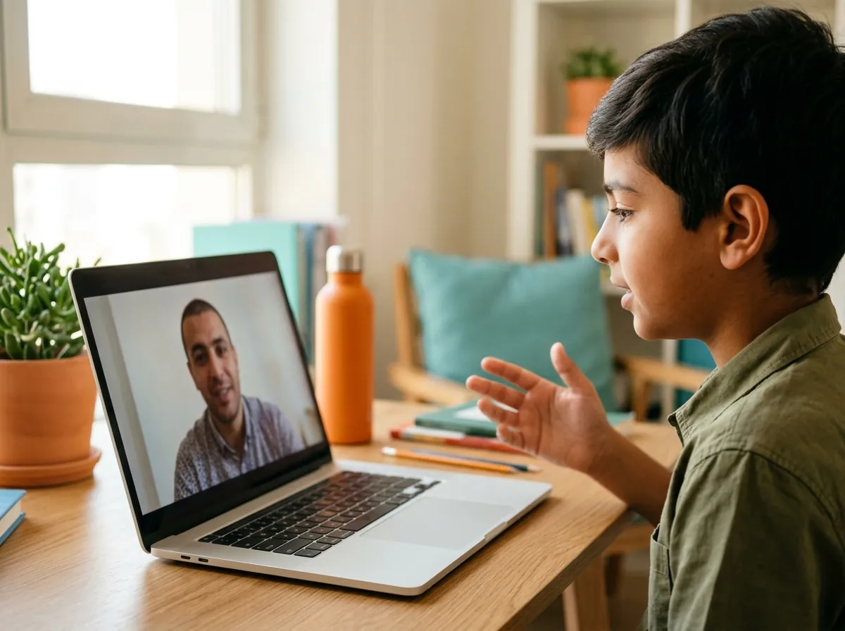 A boy explaining his answer to his coach in a live online class
