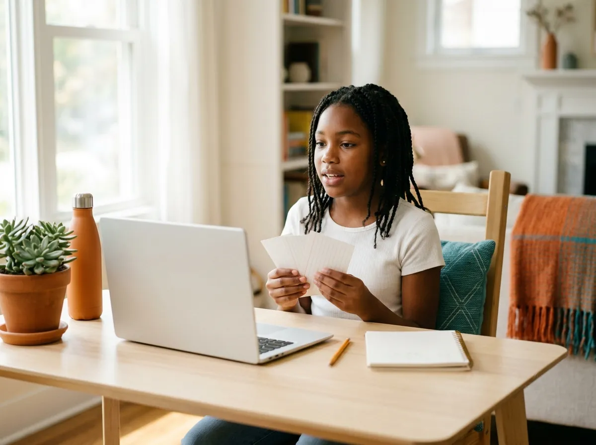 A 7th grader presenting her argument to her coach in a live online class
