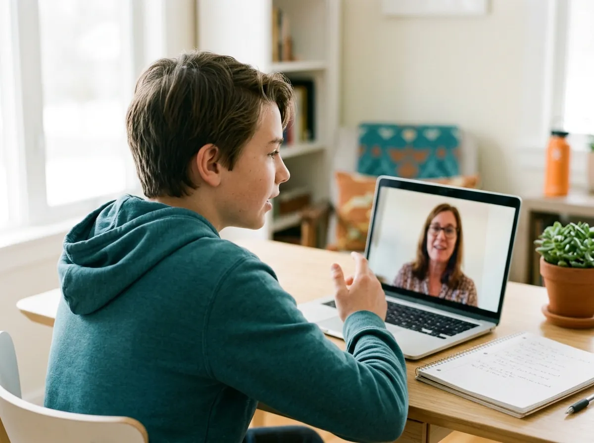 An 8th grader in a discussion with his coach in a live online class