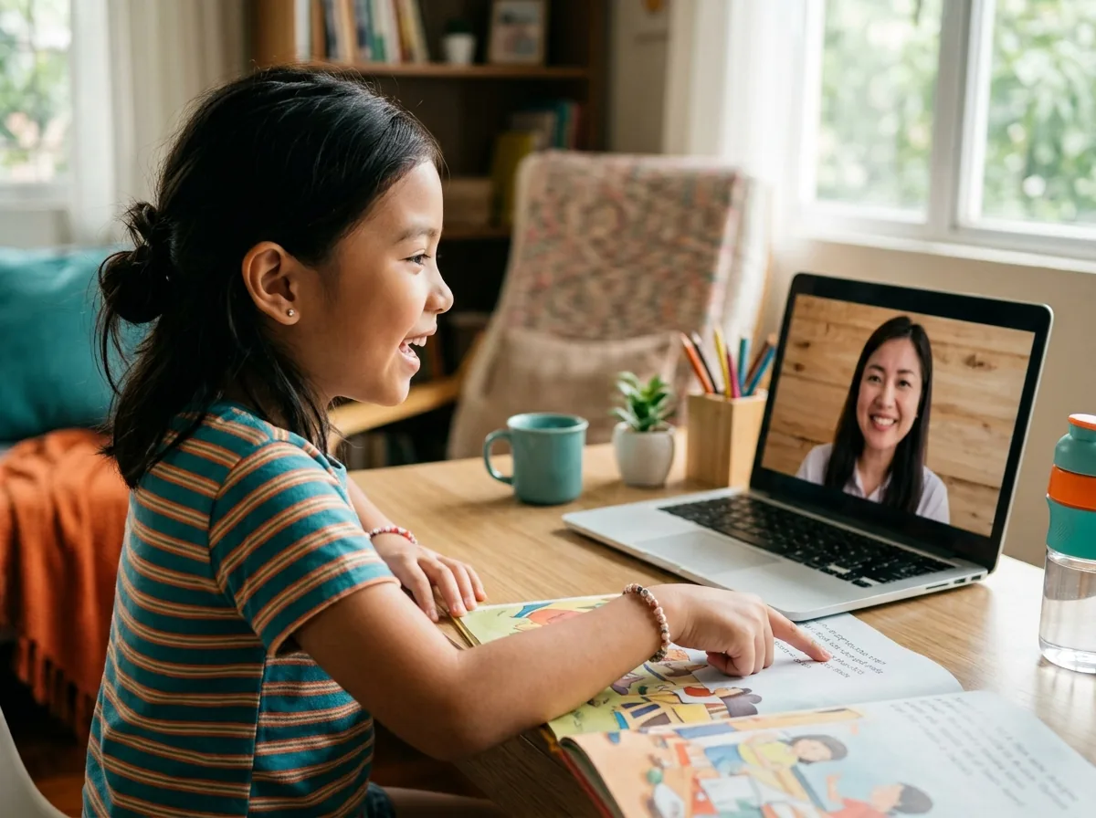 A girl pointing at a word in her storybook while her coach smiles on a laptop video call