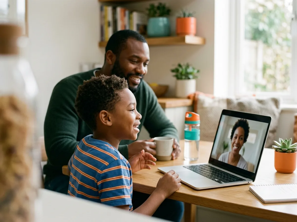 A boy talking with a Cueword specialist on a laptop video call while his father listens beside him