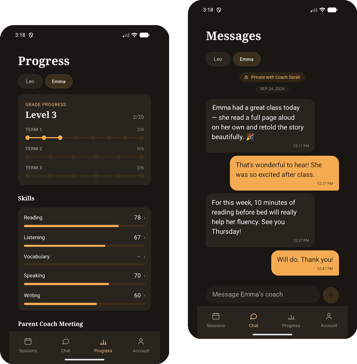 The Cueword Parent app: progress and messages with the coach